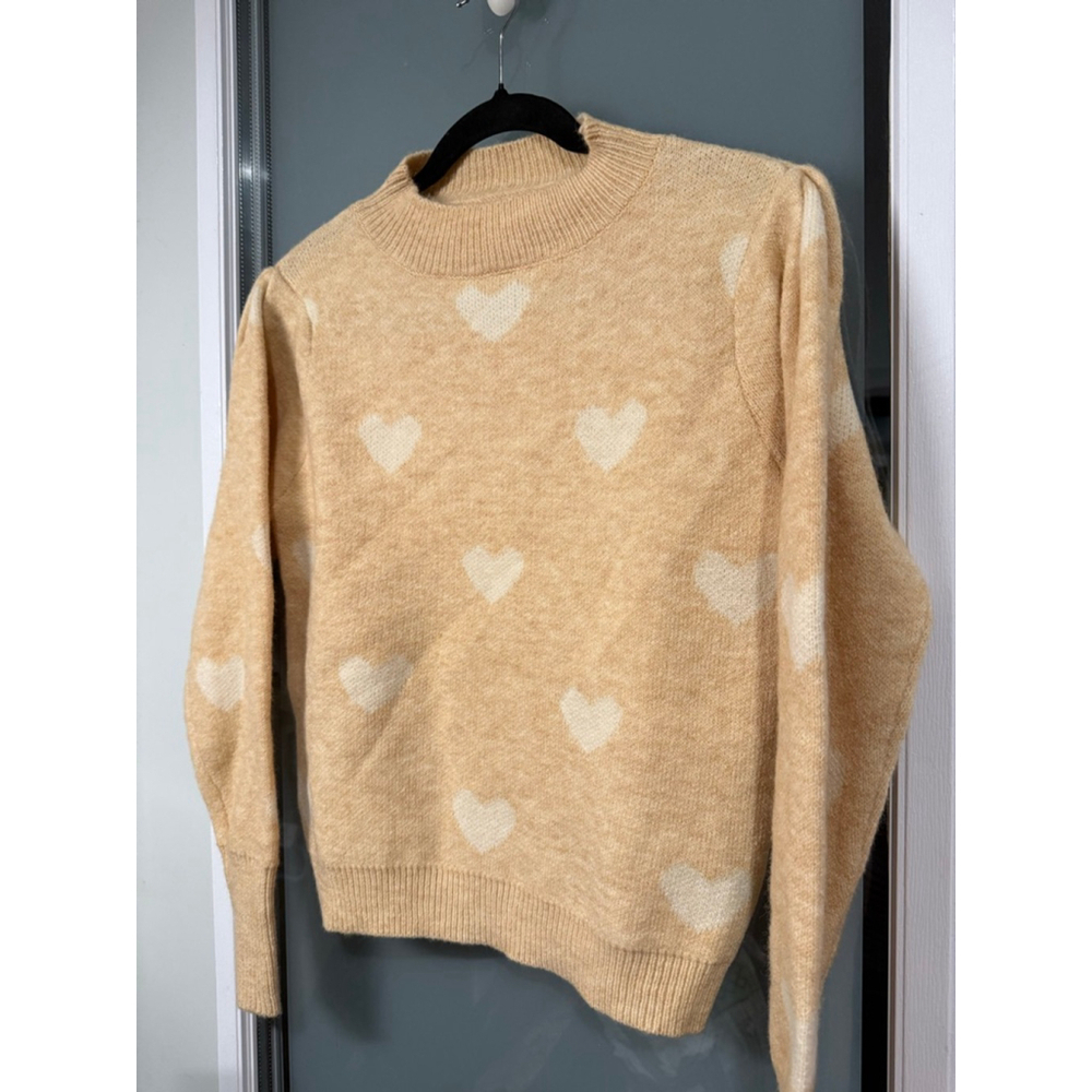 SHEIN Beige Sweater White Heart Print Size S US 4 Long Sleeve Knit - Picture 2 of 6